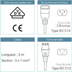 Rallonge alimentation IEC C13 / IEC C14 10A/250V 3,00 Mètre noire