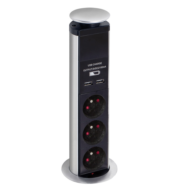Bloc multiprise escamotable 3 prises éléctrique et 2 USB 2,1A