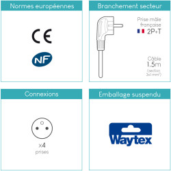 Multiprise électrique sans interrupteur 4 prises 1.50m noire NF