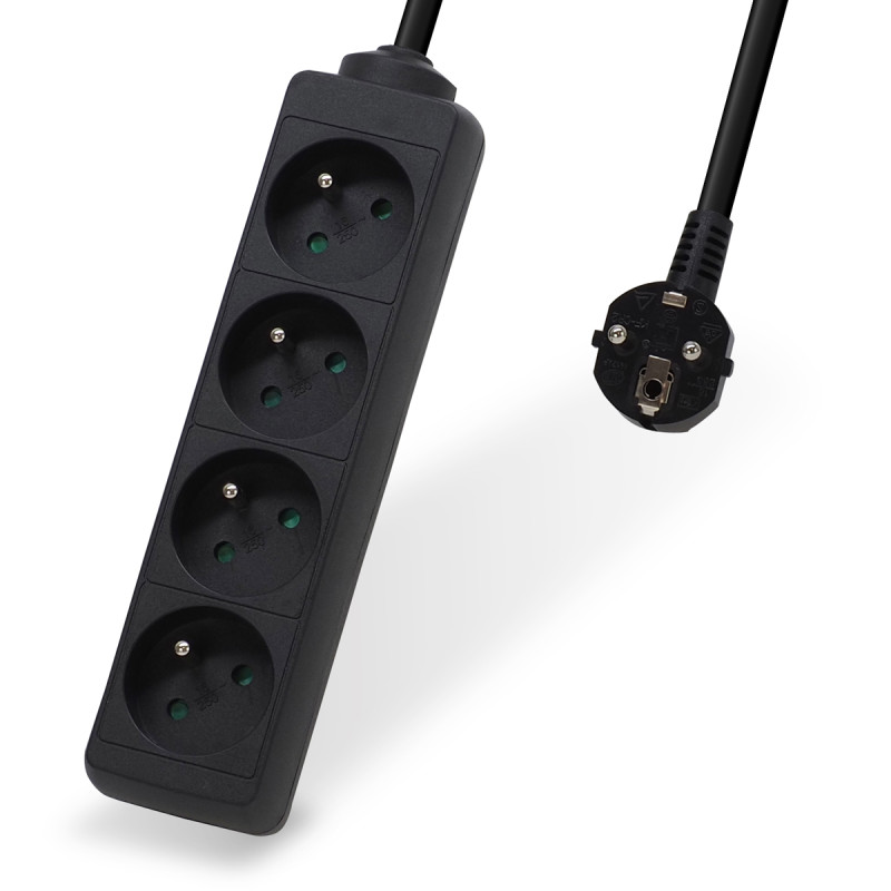 Multiprise électrique sans interrupteur 4 prises cable 1.50m noire NF