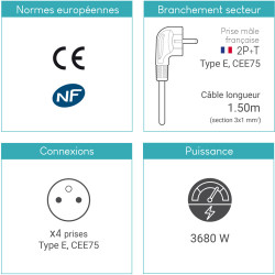 Multiprise électrique sans interrupteur 4 prises cable 1.50m noire NF