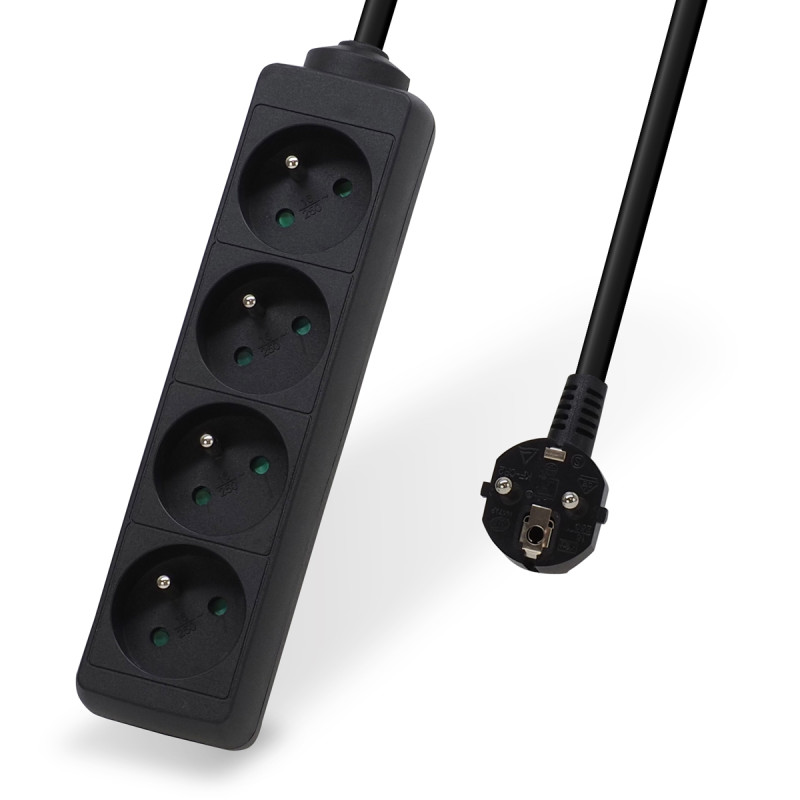 Multiprise électrique sans interrupteur 4 prises cable 3,00m noire NF