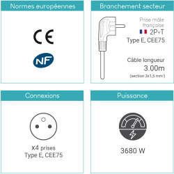 Multiprise électrique sans interrupteur 4 prises cable 3,00m noire NF