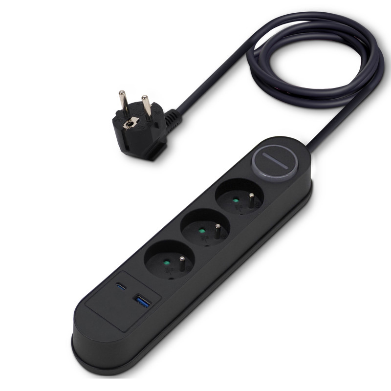 Multiprise électrique inter 3 prises + 2 USB A et C cable 1.50m noire