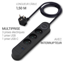 Multiprise électrique inter 3 prises + 2 USB A et C cable 1.50m noire