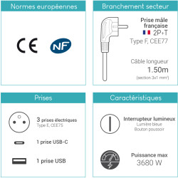 Multiprise électrique inter 3 prises + 2 USB A et C cable 1.50m noire