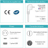 Multiprise électrique inter 3 prises + 2 USB A et C cable 1.50m noire