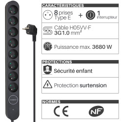 Multiprise parasurtenseur interrupteur 8 prises 1.50m, 3x1,00mm2 noir