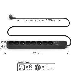 Multiprise parasurtenseur interrupteur 8 prises 1.50m, 3x1,00mm2 noir