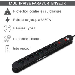 Multiprise parasurtenseur interrupteur 8 prises 1.50 m, 3x1,5mm2 noir