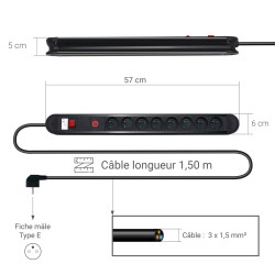 Multiprise parasurtenseur interrupteur 8 prises 1.50 m, 3x1,5mm2 noir