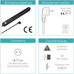 Multiprise parasurtenseur interrupteur 8 prises 1.50 m, 3x1,5mm2 noir