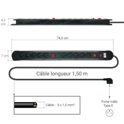 Multiprise Parasurtension 10 prises avec 2 Interrupteur câble 1,50m