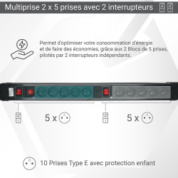 Multiprise Parasurtension 10 prises avec 2 Interrupteur câble 1,50m