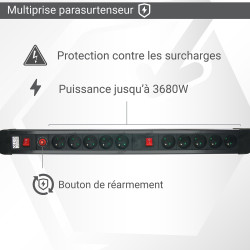Multiprise Parasurtension 10 prises avec 2 Interrupteur câble 1,50m