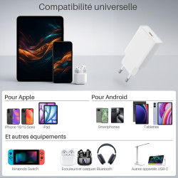 Chargeur secteur Slim rapide USB-C 25W Blanc Suspendu