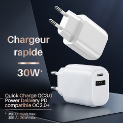 Chargeur secteur rapide Double USB USB-A et USB-C 30W Blanc Suspendu