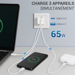 Chargeur secteur rapide 65W triple USB-A et 2 x USB-C  Blanc Susp