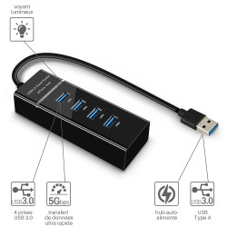 Hub 4 ports USB 3.0  avec cable 30cm USB 3.0 auto alimenté  
