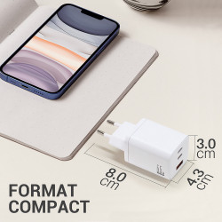 Chargeur secteur rapide 65W triple USB-A et 2 x USB-C  Blanc Susp