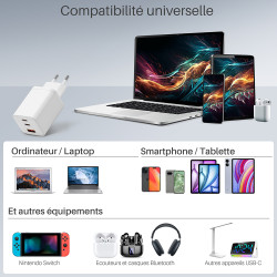 Chargeur secteur rapide 65W triple USB-A et 2 x USB-C  Blanc Susp