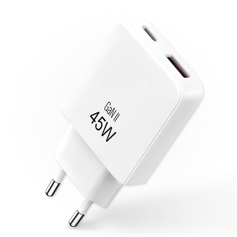 Chargeur secteur rapide Slim GaN Dble USB USB-A et USB-C 45W Blanc S