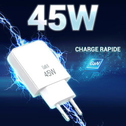 Chargeur secteur rapide Slim GaN Dble USB USB-A et USB-C 45W Blanc S