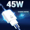 Chargeur secteur rapide Slim GaN Dble USB USB-A et USB-C 45W Blanc S