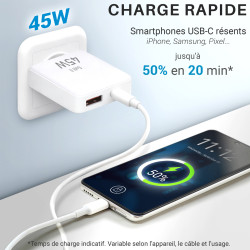 Chargeur secteur rapide Slim GaN Dble USB USB-A et USB-C 45W Blanc S