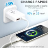 Chargeur secteur rapide Slim GaN Dble USB USB-A et USB-C 45W Blanc S