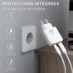 Chargeur secteur rapide Slim GaN Dble USB USB-A et USB-C 45W Blanc S