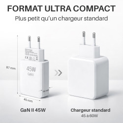 Chargeur secteur rapide Slim GaN Dble USB USB-A et USB-C 45W Blanc S