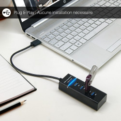 Hub 4 ports USB 3.0  avec cable 30cm USB 3.0 auto alimenté  