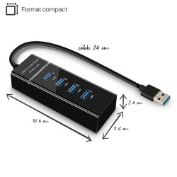 Hub 4 ports USB 3.0  avec cable 30cm USB 3.0 auto alimenté  