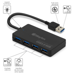 Hub USB 3.0 Slim 4 ports avec cable 17,5cm USB 3.0 vitesse 5 Gbps 