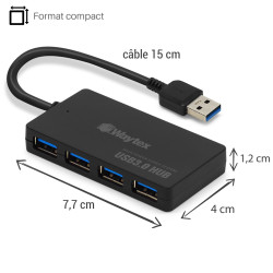Hub USB 3.0 Slim 4 ports avec cable 17,5cm USB 3.0 vitesse 5 Gbps 