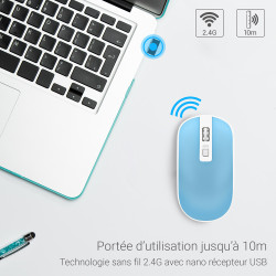 Souris Sans Fil Optique avec Nano Récepteur USB Sensib Régl Bleu Ciel