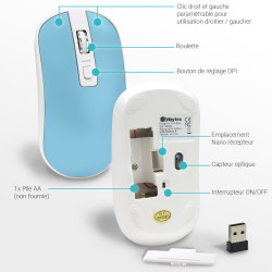 Souris Sans Fil Optique avec Nano Récepteur USB Sensib Régl Bleu Ciel
