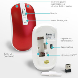 Souris Sans Fil Optique avec Nano Récepteur USB Sensib Régl Rouge