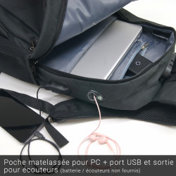 Sac à Dos Sécurité 15,6'' Serrure Antivol Port USB Passant Ecouteurs