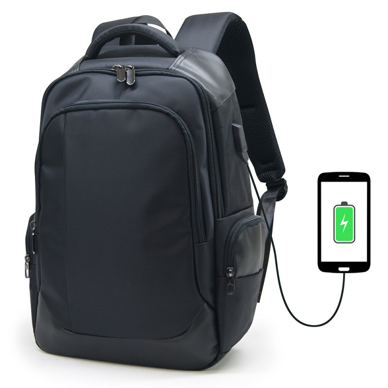 Sac à Dos Elégant Ordinateur 15,6'' USB Tissu Satiné/Simili Cuir Noir