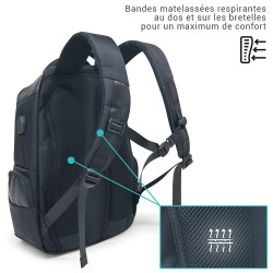 Sac à Dos Elégant Ordinateur 15,6'' USB Tissu Satiné/Simili Cuir Noir
