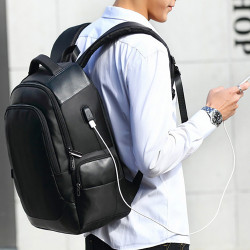 Sac à Dos Elégant Ordinateur 15,6'' USB Tissu Satiné/Simili Cuir Noir
