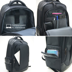Sac à Dos Elégant Ordinateur 15,6'' USB Tissu Satiné/Simili Cuir Noir