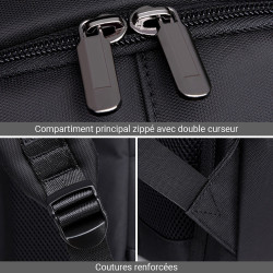Sac à Dos Elégant Ordinateur 15,6'' USB Tissu Satiné/Simili Cuir Noir