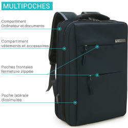 Sac à Dos Urbain XL 15,6 Pouces Polyester Oxford Multipoches USB Noir