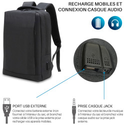 Sac à dos ordinateur 15,6’’ rectangle prise USB et Jack audio -Noir