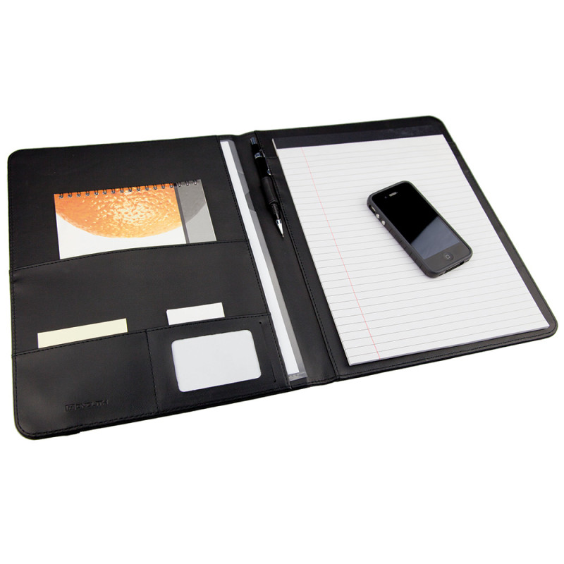 Conférencier porte document simili cuir noir, bloc A4 et multi-poches