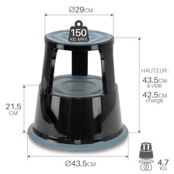 Tabouret marche pied mobile 3 roulettes Hauteur 43 cm Métal Noir
