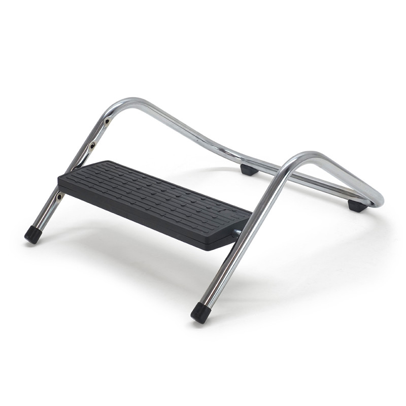 Repose pieds ajustable plateau noir, pied chrome réglable 4 hauteurs